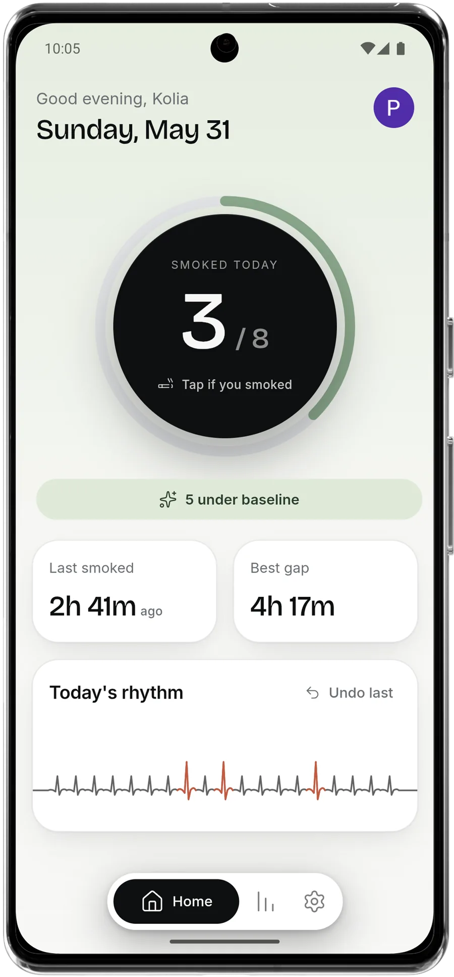 Smoless home screen showing today's count, 3 of 8, with last-smoked and best-gap stats.