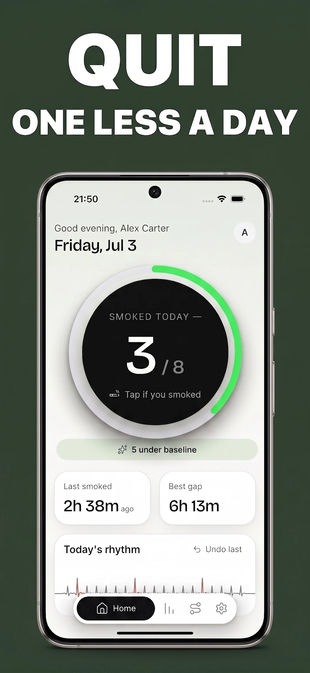 Smoless home screen with the one-tap cigarette tracker showing 3 of 8 smoked today, last-smoked and best-gap stats