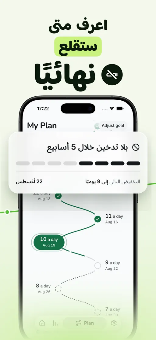 شاشة الخطة في Smoless: مسار تنازلي من 12 في اليوم مروراً بـ10 اليوم وصولاً إلى 6، نحو الإقلاع الكامل خلال 5 أسابيع، والتخفيض التالي إلى 9 في اليوم محدد التاريخ مسبقاً