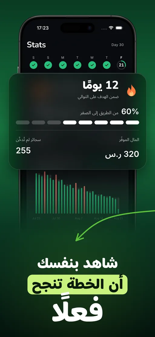 شاشة الإحصاءات في Smoless: 12 يوماً متتالياً من الالتزام، و60% من الطريق نحو الإقلاع الكامل، و$121 تم توفيرها، و255 سيجارة لم تُدخَّن، ومخطط 30 يوماً ينحني نحو الأسفل