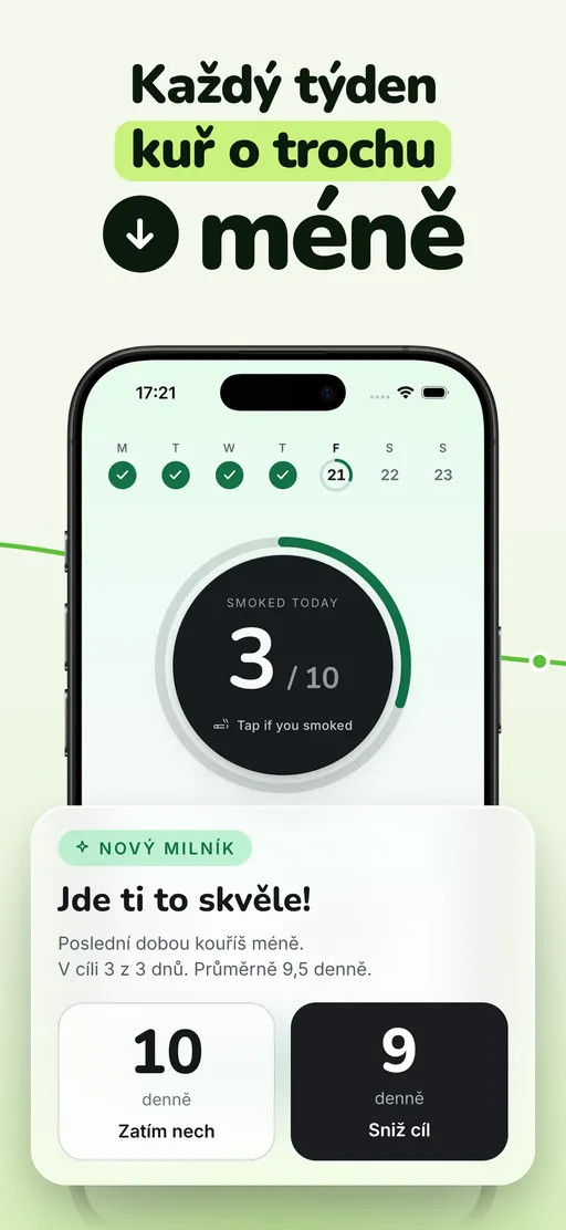 Karta milníku Smoless: po 3 ze 3 dnů s průměrem 9,5 denně nabízí nový cíl 9, vedle sebe tlačítka Zatím ponechat a Změnit cíl