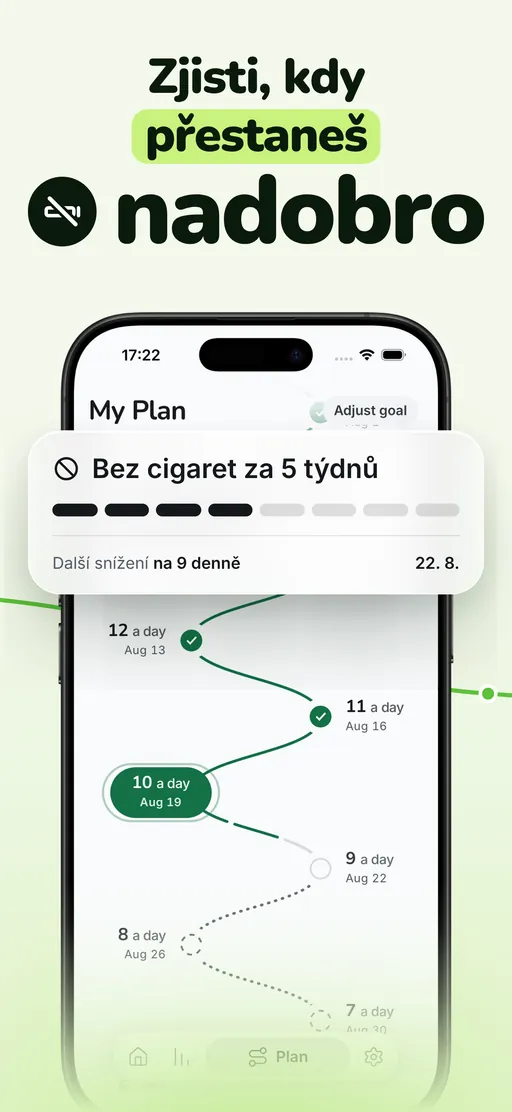 Obrazovka plánu Smoless: cesta po krocích z 12 denně přes dnešních 10 až na 6, s nadpisem bez cigaret za 5 týdnů a dalším snížením na 9 denně už s datem