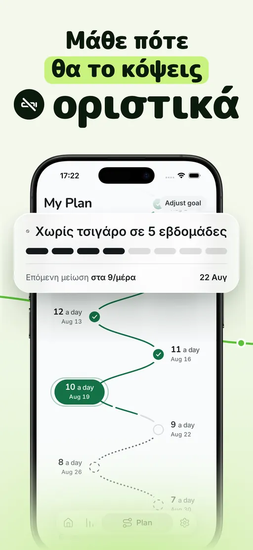 Οθόνη πλάνου του Smoless: μια πορεία σταδιακής μείωσης από 12 τη μέρα, μέσω των σημερινών 10, στα 6, με τίτλο «χωρίς τσιγάρο σε 5 εβδομάδες» και την επόμενη μείωση στα 9 τη μέρα ήδη με ημερομηνία