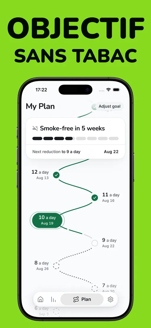 Écran de plan Smoless : le parcours dégressif de 12 par jour aux 10 d’aujourd’hui puis à 6, sans tabac dans 5 semaines, la prochaine baisse à 9 par jour étant déjà datée