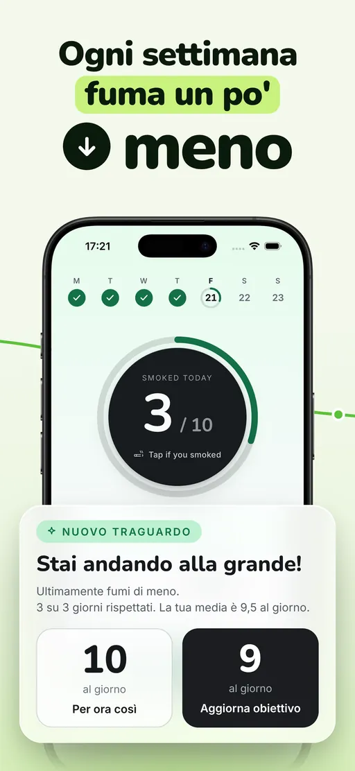 Scheda traguardo di Smoless: dopo 3 giorni su 3 mantenuti a una media di 9,5 al giorno, propone un nuovo obiettivo di 9, con i pulsanti Tieni per ora e Aggiorna obiettivo affiancati