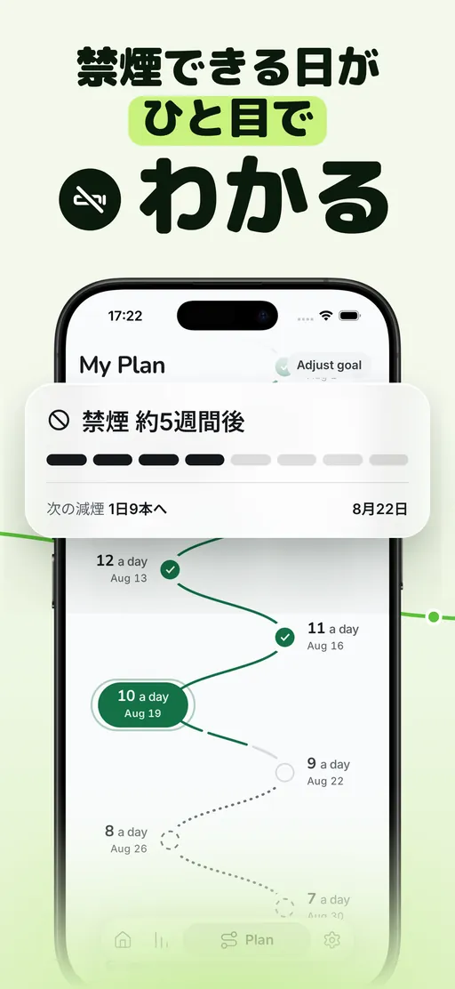 Smolessの計画画面。1日12本から今日の10本を経て6本へ下がる段階的な道のり、5週間後に禁煙、次の減煙（1日9本）の日付もすでに決まっている