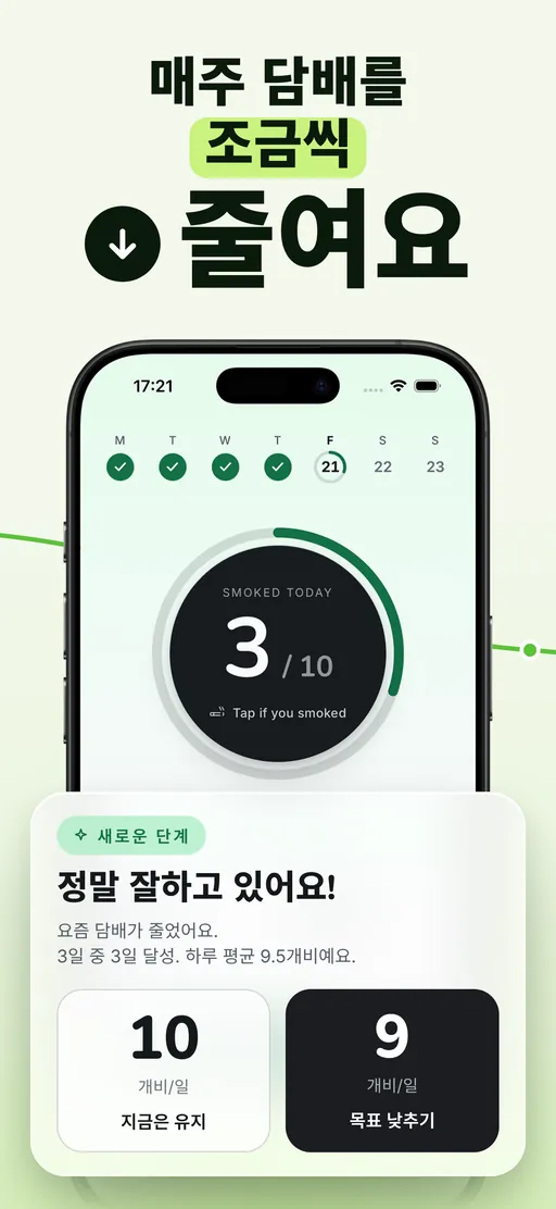 Smoless 마일스톤 카드: 3일 중 3일 동안 하루 평균 9.5개비를 유지하자 새 목표 9개비를 제안하고, 현재 유지와 목표 조정 버튼이 나란히 있어요