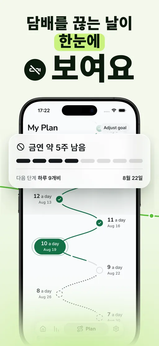 Smoless 계획 화면: 하루 12개비에서 오늘의 10개비를 지나 6개비까지 내려가는 감량 경로, 금연까지 5주, 하루 9개비로 줄이는 다음 단계의 날짜가 표시되어 있어요