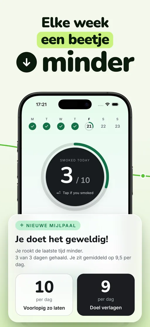 Mijlpaalkaart van Smoless: na 3 van de 3 dagen vastgehouden op een gemiddelde van 9,5 per dag stelt de app een nieuw doel van 9 voor, met Voorlopig houden en Doel aanpassen naast elkaar