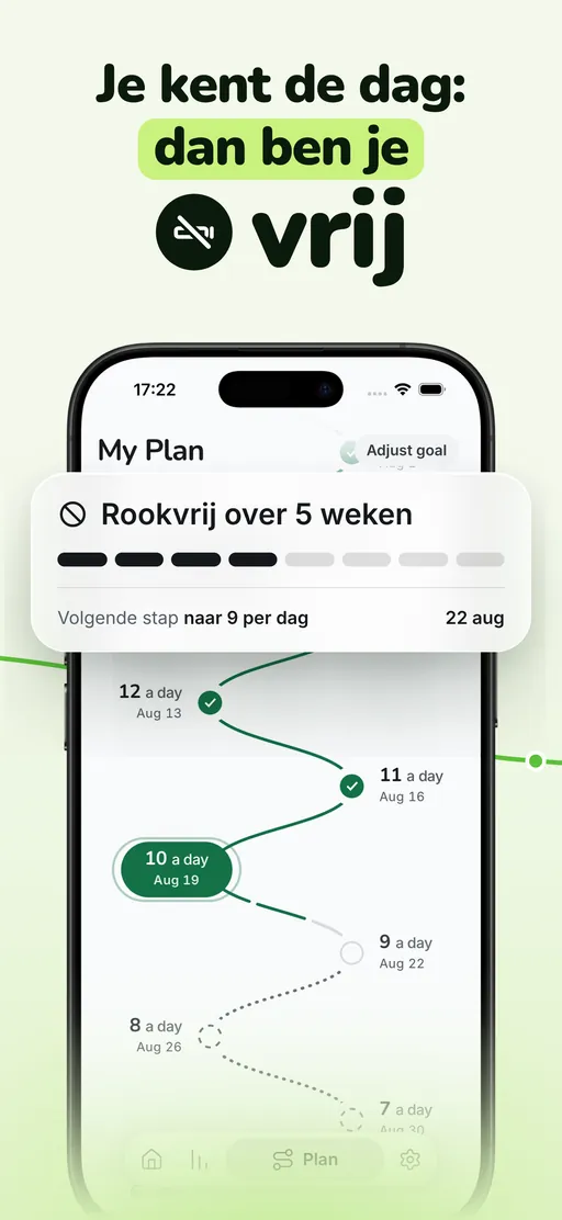 Planscherm van Smoless: een afbouwpad van 12 per dag via de 10 van vandaag naar 6, met rookvrij over 5 weken en de volgende verlaging naar 9 per dag al van een datum voorzien
