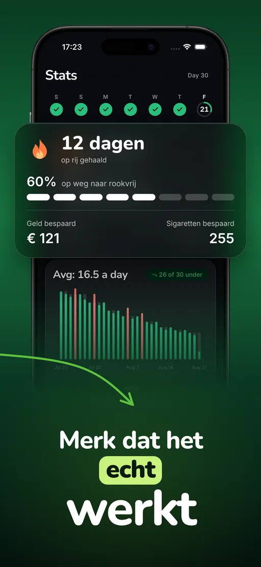Statistiekenscherm van Smoless: 12 dagen op rij volgehouden, 60% van de weg naar rookvrij, $121 overgehouden, 255 sigaretten niet gerookt en een 30-dagengrafiek die daalt