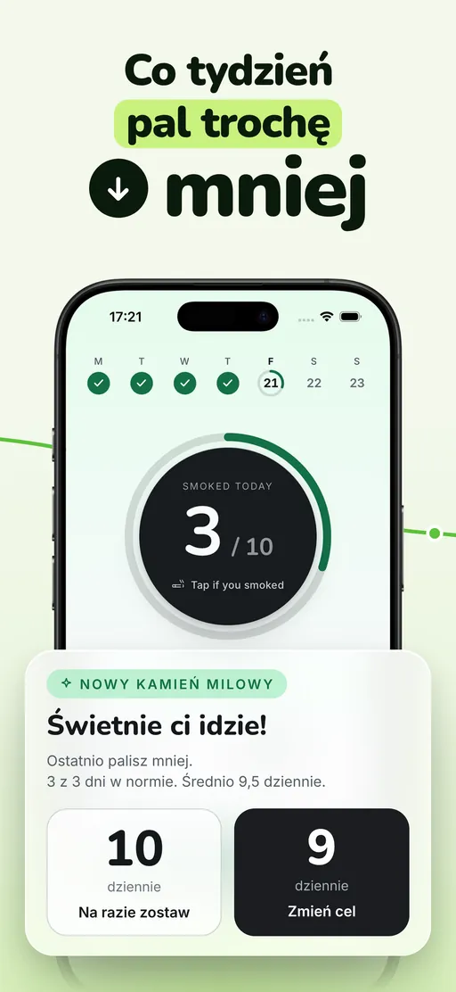 Karta kamienia milowego Smoless: po 3 z 3 dni utrzymanych ze średnią 9,5 dziennie proponuje nowy cel 9, z przyciskami Zostaw na razie i Zaktualizuj cel obok siebie