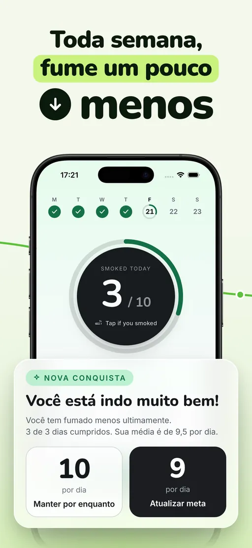 Card de marco do Smoless: depois de 3 de 3 dias mantidos com média de 9,5 por dia, ele sugere uma nova meta de 9, com “Manter por enquanto” e “Atualizar meta” lado a lado