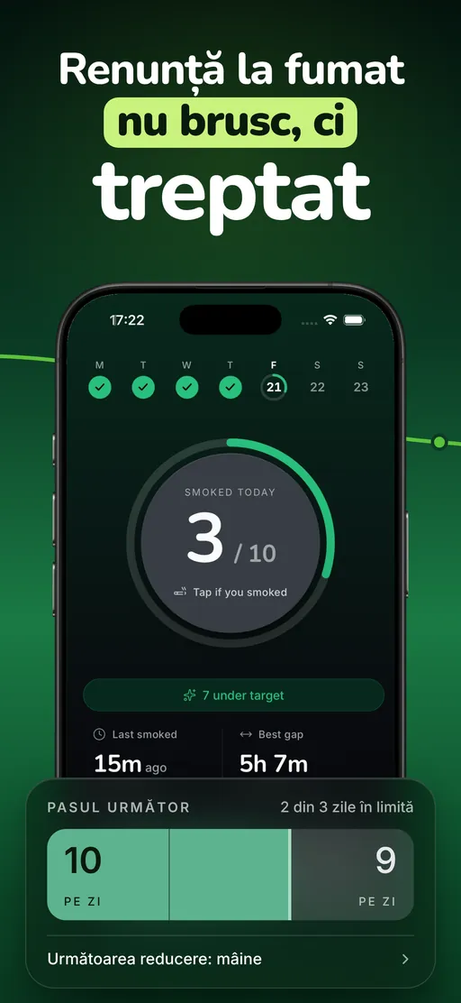 Ecranul principal Smoless: contorul cu o atingere arată 3 din 10 țigări fumate azi, 15 minute de la ultima, un interval record de 5 h 6 min și următorul pas, de la 10 pe zi la 9