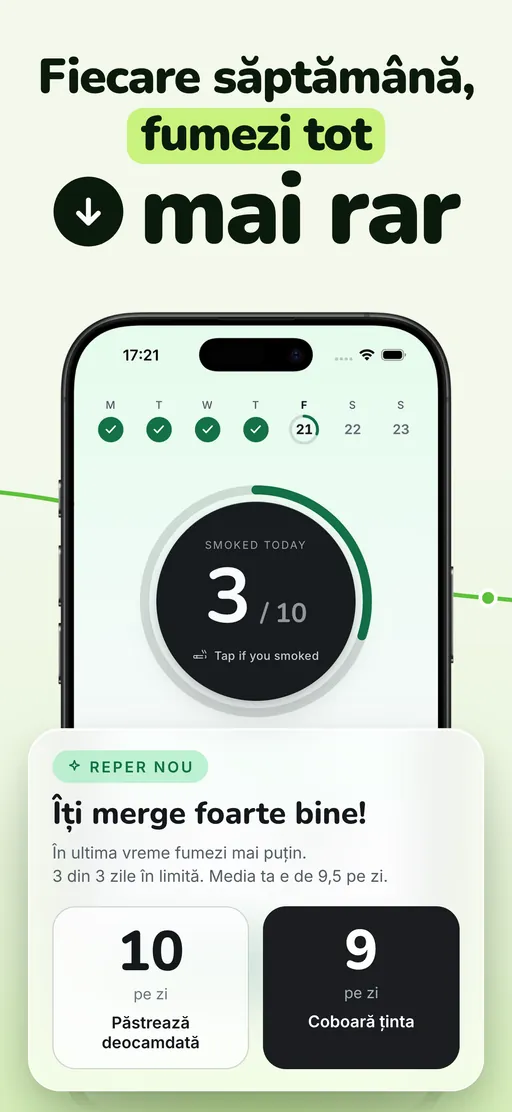 Cardul de etapă Smoless: după 3 din 3 zile respectate la o medie de 9,5 pe zi, propune un nou obiectiv de 9, cu butoanele Păstrez deocamdată și Actualizează obiectivul alăturate