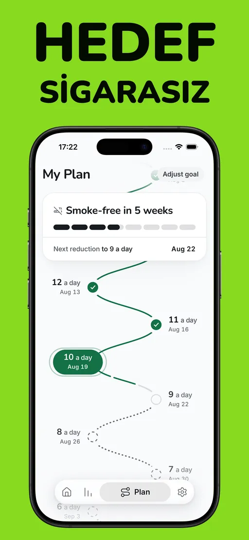 Smoless plan ekranı: günde 12’den bugünkü 10’a, oradan 6’ya inen adım adım yol; 5 hafta içinde sigarasız ve günde 9’a inecek bir sonraki azaltmanın tarihi belli