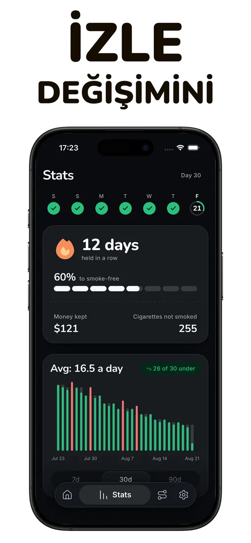 Smoless istatistik ekranı: üst üste 12 gün tutuldu, sigarasızlığa %60 yol alındı, 121$ kaldı, 255 sigara içilmedi ve 30 günlük grafik aşağı iniyor
